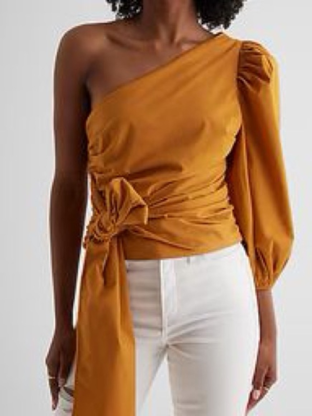 Express One Shoulder Wrap Top Mustard Puff Sleeve Tie Waist XS NWT